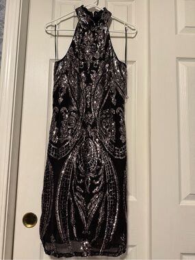 Haute Monde Black Sequin Halter Midi Dress